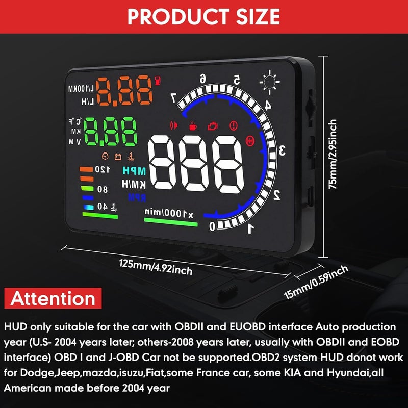 REENKEY 5.5" Windshield Head Up Display for Car,OBDII/EUOBD Interface Plug Car Hud Screen with Water Temperature, Mileage, RPM, Multiple Alarms - Image 5